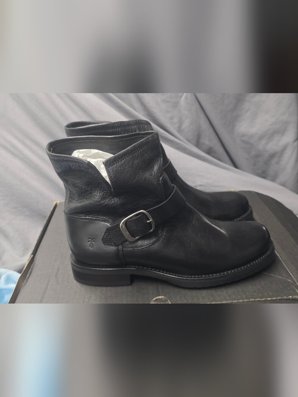 Frye Black Leather Ankle Boots with Buckle